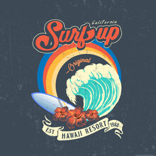 Original Surf Up In California Hawaii Resort, Hawaii, Aloha Surf Typography For T-shirt Print , Vector Illustration, Typography Slogan On Palm Beach Sunset Background Vector Illustration