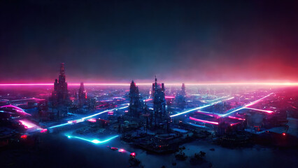 Wall Mural - Futuristic metaverse city concept with glowing neon lights