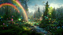 Magical Fantasy Fairytale Forest With Rainbow And Trees