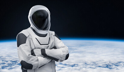 Leinwandbilder - Astronaut in modern new spacesuit in space near Earth. Space collage with spacex spaceman. Elements of this image furnished by NASA