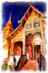 Wall Mural - Ancient architecture of northern thailand watercolor style illustration impressionist painting.