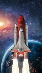 Leinwandbilder - Space shuttle launch in outer space from Earth. Rocket on orbit of the planet. Galaxy and stars in deep space. Elements of this image furnished by NASA