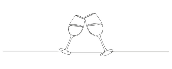Aufkleber - Continuous one line drawing of glasses of red wine. Minimalist holiday concept of celebrate toast and cheering drink in simple linear style. Editable stroke. Doodle Vector illustration