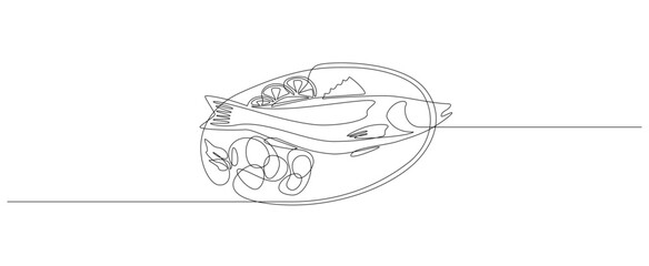 Aufkleber - Continuous one line drawing of grilled salmon fish on plate. Roasted seafood dish with lemon and vegetables in simple linear style on top view. Editable stroke. Outline Vector illustration