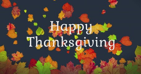 Wall Mural - Animated pattern of rotating dry autumn leaves with congratulations on blackboard background, happy thanksgiving day background concept