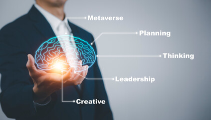 Poster - Businessman hold brain icon and line control in graph Screen Icon of a media screen, Technology Process System,Concept Futuristic medicine, the human body, and the future,brain. Online consultation.