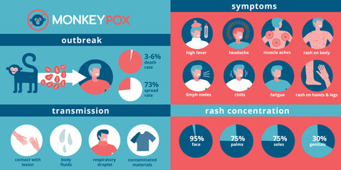 Monkeypox virus infographics of transmission, symptoms and prevention. Monkey pox desease outbreak info. Flat vector illustration with round icons.