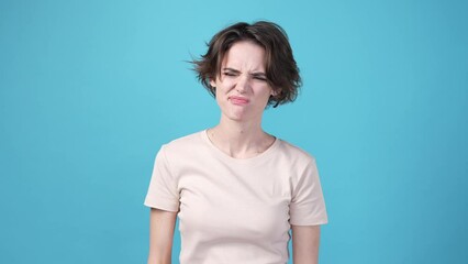 Poster - Unhappy lady suffer covid infection isolated on blue color background