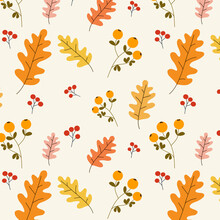 Charming Autumn Pattern, With Yellow Leaves, Red Berries And Twigs. Vector Seamless Pattern On An Autumn Theme. Hand-drawn.