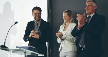 Poster - Excited business man celebrating success, winning a prize at an award ceremony while his male colleague and female coworker are clapping. Young male cheering his win or victory at a conference