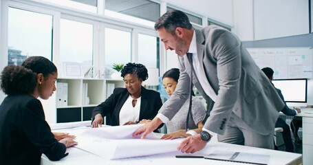 Aufkleber - Manager, architect boss meeting, talking and leading diverse, executive and corporate team of women. Confident ceo planning, brainstorming or thinking of ideas in office boardroom for blueprint plan