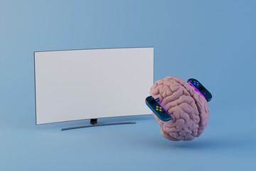 Poster - game console on smart tv. brain activity while playing on the console. a large smart tv next to which is a brain with a game joystick on a blue background. 3d render. 3d illustration
