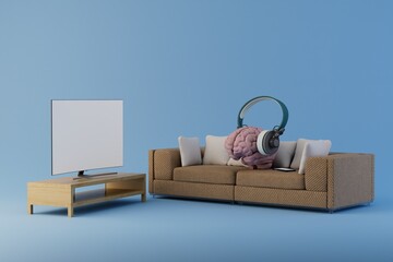 Poster - beautiful sofa with pillows in front of the TV. music to relieve stress. watching a movie with headphones. stereo headphones, brain and smart tv on a blue background. 3d render. 3d illustration