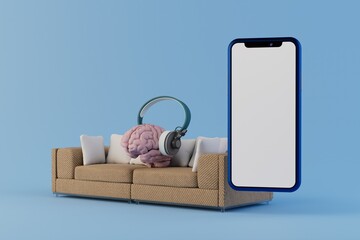Poster - beautiful sofa with pillows in the room.music to relieve stress.listening to your favorite music on headphones through your smartphone.stereo headphones, brain and phone on a blue background.3d render