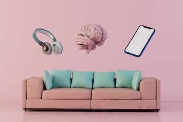 Poster - beautiful sofa with pillows in the room. music to relieve stress. listening to your favorite music through your smartphone. stereo headphones, brain and phone flying up on a pink background. 3d render