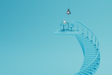 Poster - workplace in the office. long way to your dream job. twisted staircase, desktop with laptop and other items, chair and lamp on a blue background with space for text. 3d render. 3d illustration