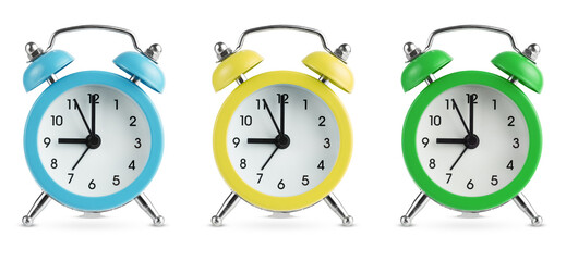 Wall Mural - Set of alarm clocks isolated on white background with clipping path.