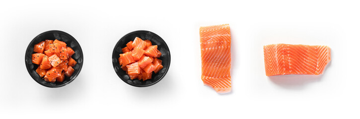 Salmon slices small pieces isolated on white background top view ingredient