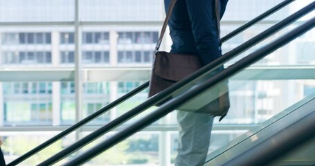 Wall Mural - Business man traveling, talking on a phone and standing on an escalator with colleagues or coworkers. Corporate men and women working in the city and taking a break while busy in a modern office