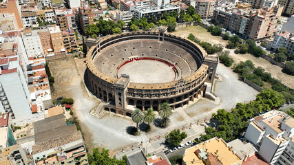 Areal view of Palma, Mallorca, Balearic Islands, Spain The building of Coliseum of Palma de Mallorca.