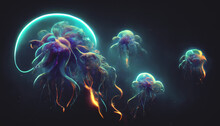 Neon Jellyfish In The Sea Deep Blue Water. Abstract Fantasy Jellyfish On A Dark Background. 3D Illustration.
