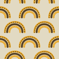 Orange rainbow groovy 1970 good vibes seamless vector pattern background. Warm retro abstract wallpaper, fun 70s texture
