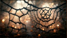 Close-up Of A Glowing Web. The Web Of Halloween. Spider Web Is A Creepy Halloween Decoration. 3D Artwork