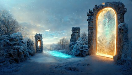 Square ice portal, fantastic landscape background with glowing plasma entrance under the starry sky,winter forest.