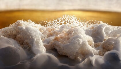 Poster - Realistic beer splashes close-up. Texture of white soap foam with bubbles. 3D artwork