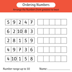 Wall Mural - Ordering numbers worksheet. Arrange the numbers from greatest to least. Number range up to 10. Mathematics