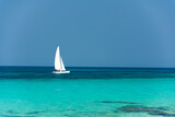 Fototapeta  - small white catamaran with a white sail. Blue skies and crystal clear waters. Tropical paradise concept