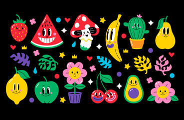 Wall Mural - Set of funny cartoon characters in retro comic style - strawberry, watermelon, fly agaric, banana, cactus, pear, lemon, apple, flower, cherries, avocado and different elements. Vector illustration.