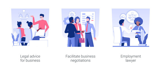 Poster - Commercial law isolated concept vector illustration set. Legal advice for business, facilitate business negotiations, employment lawyer service, banking and finance company vector cartoon.