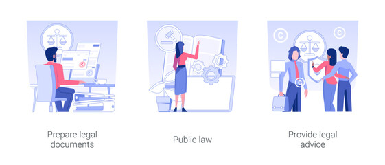 Poster - Law firm service isolated concept vector illustration set. Prepare legal documents, public law, provide legal advice, contract and patent application, rights protection vector cartoon.