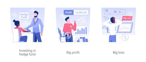 Poster - Hedge funding isolated concept vector illustration set. Investing in hedge fund, big profits and losses, business risk, money investment, financial crisis, mutual fund vector cartoon.