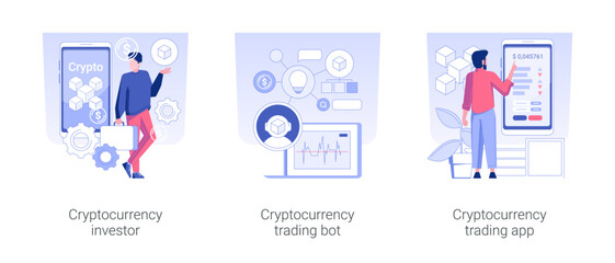 Poster - Cryptocurrency trade isolated concept vector illustration set. Cryptocurrency investor, trading bot, crypto exchange app, CFD account, coins growth, blockchain technology vector cartoon.