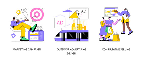 Poster - product promotion abstract concept vector illustration set. marketing campaign, outdoor advertising 