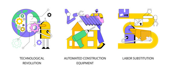 Poster - Modern innovation abstract concept vector illustration set. Technological revolution, automated construction equipment, labor substitution, smart machinery, robotics process abstract metaphor.