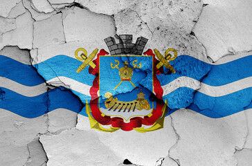 Wall Mural - flag of Mykolaiv painted on cracked wall