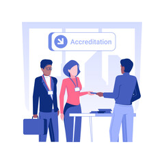 Poster - Conference accreditation isolated concept vector illustration. Group of diverse people at international business conference, getting badges, negotiation with partners vector concept.