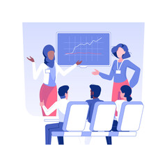 Poster - Business presentation isolated concept vector illustration. Group of worldwide business people listening colleagues presentation, international working travel, chart on screen vector concept.