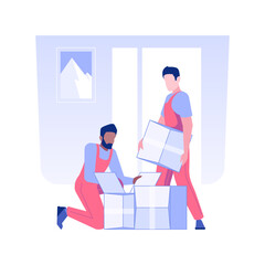 Poster - Unpacking belongings isolated concept vector illustration. Full service movers provide unpacking of boxes together, real estate business, couriers delivery services vector concept.