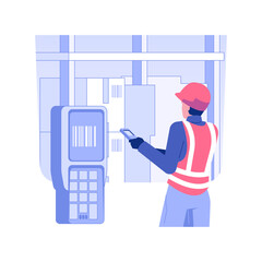 Poster - Barcode reader isolated concept vector illustration. Warehouse worker using barcode scanner to identify goods, wholesale business, foreign trade, inventory technologies vector concept.