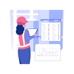 Poster - Reports and analytics isolated concept vector illustration. Warehouse manager making report about stock goods with tablet app, wholesale business, foreign trade industry vector concept.