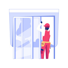 Poster - Sliding doors installation isolated concept vector illustration. Repairman installing a sliding door in new apartments, house building, residential construction, interior works vector concept.
