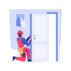 Poster - Locksmithing isolated concept vector illustration. Repairman with a screwdriver fixes the lock, house building, residential construction, locksmithing service, interior works vector concept.