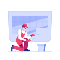 Poster - Laying tiles isolated concept vector illustration. Builder in uniform laying tile floor, residential construction, professional repairman at job, porcelain and ceramic surface vector concept.