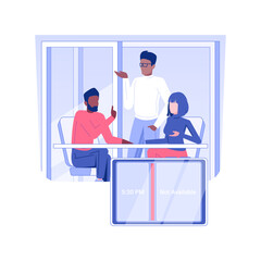 Poster - Booking conference room isolated concept vector illustration. Usage of booking conference room software with tablet, group of employees working, corporate business, office life vector concept.