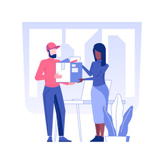 Poster - Office stationery supply isolated concept vector illustration. Smiling courier brought the parcels to the office, corporate business, stationery tools, postal service vector concept.