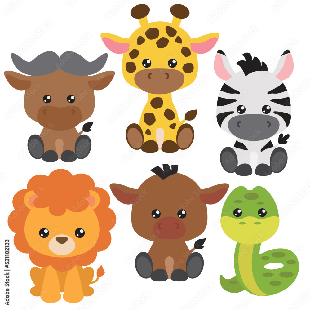 Cute sitting baby animals vector cartoon illustration. Jungle animals ...
